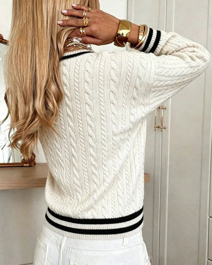 Pullover Kontrastbesatz V-Ausschnitt Pullover