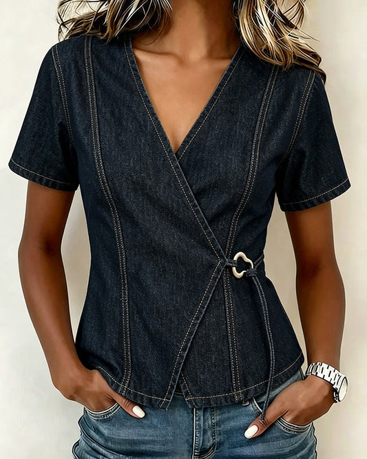 Bluse Unregelmäßig Lace-Up Denim