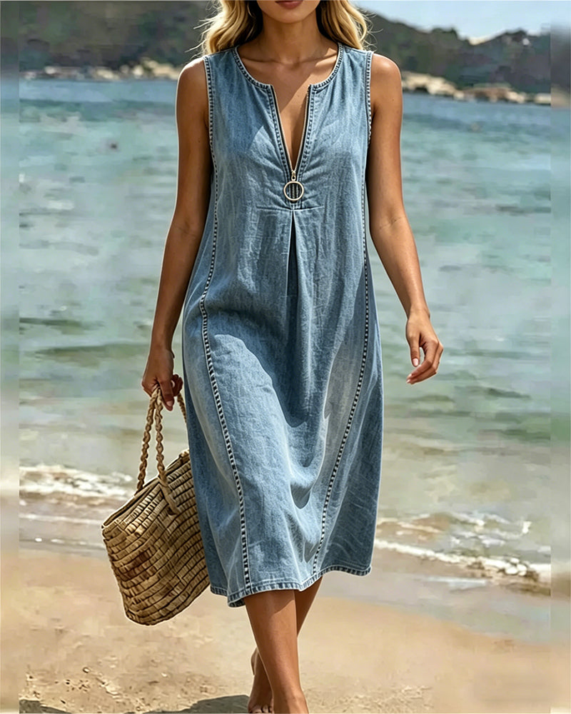 Kleid Denim Reißverschluss Ärmellos Lässig