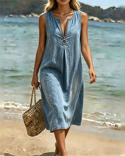 Kleid Denim Reißverschluss Ärmellos Lässig