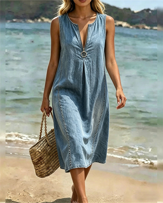 Kleid Denim Reißverschluss Ärmellos Lässig