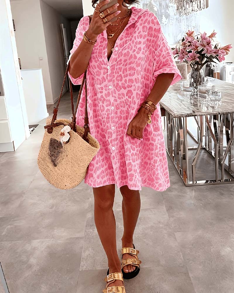 Kleid Locker Leopard Druck Hemd