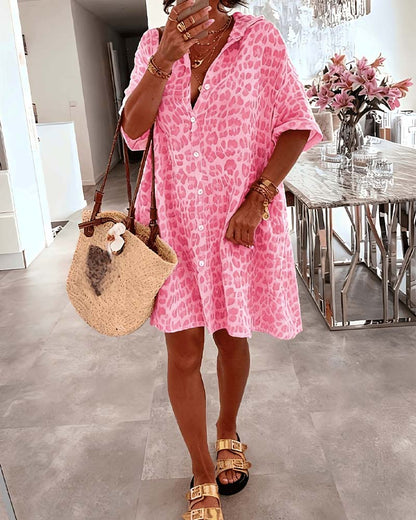 Kleid Locker Leopard Druck Hemd