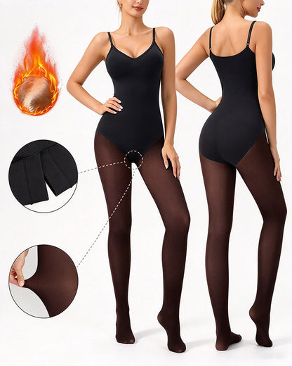 Transparentes Panel Mit Fleece-Gefütterter Strumpfhose Stay-Warm Bauchkontrolle Sheer-Effekt Strumpfhose Bodysuit Schwarz Basic