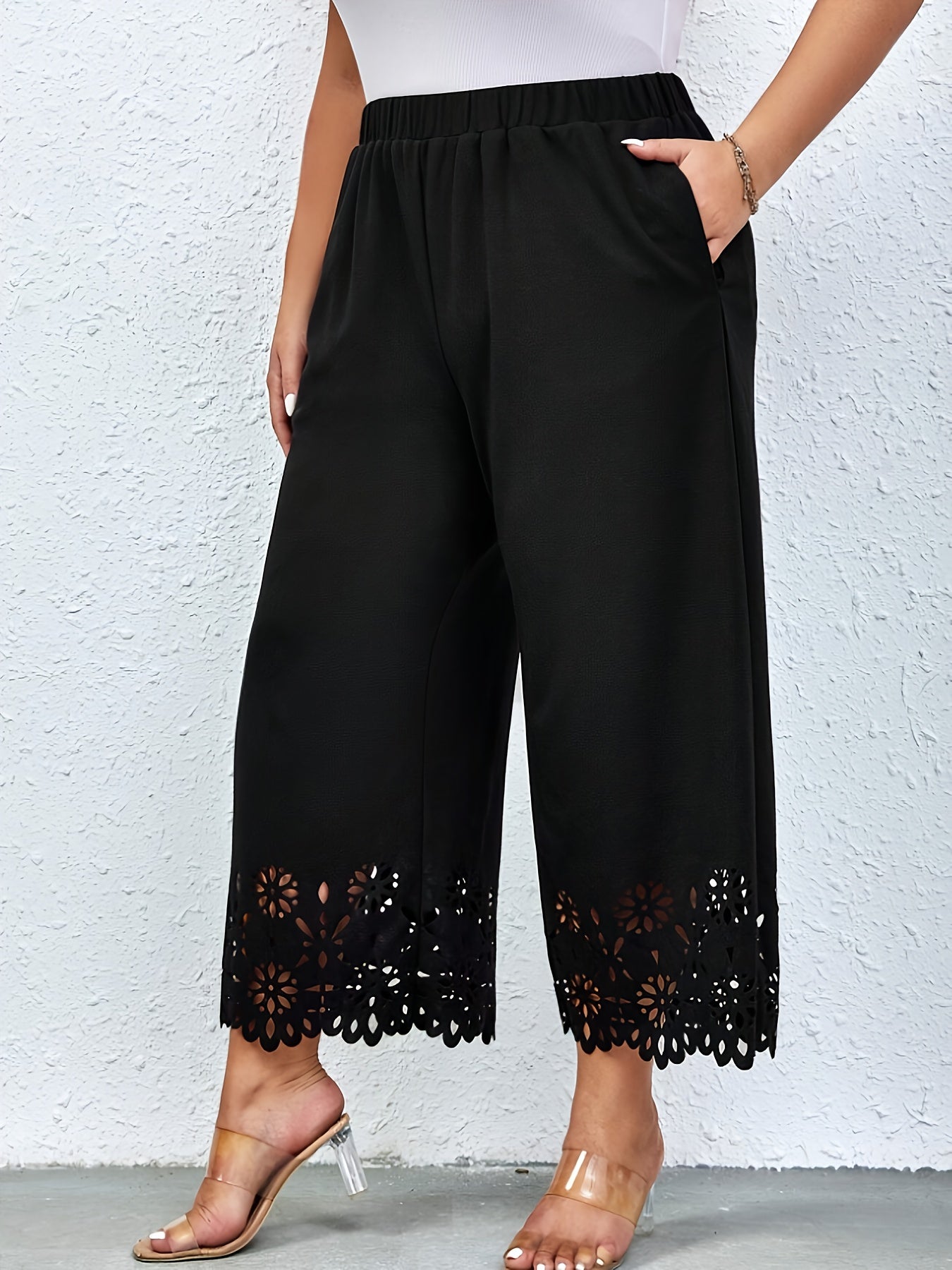 Black wide trousers with elastic waistband and lace trim - Clara