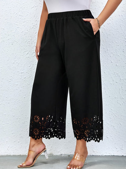 Black wide trousers with elastic waistband and lace trim - Clara