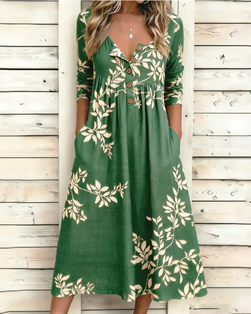 Kleid Botanischer Print Knopf Gerafft