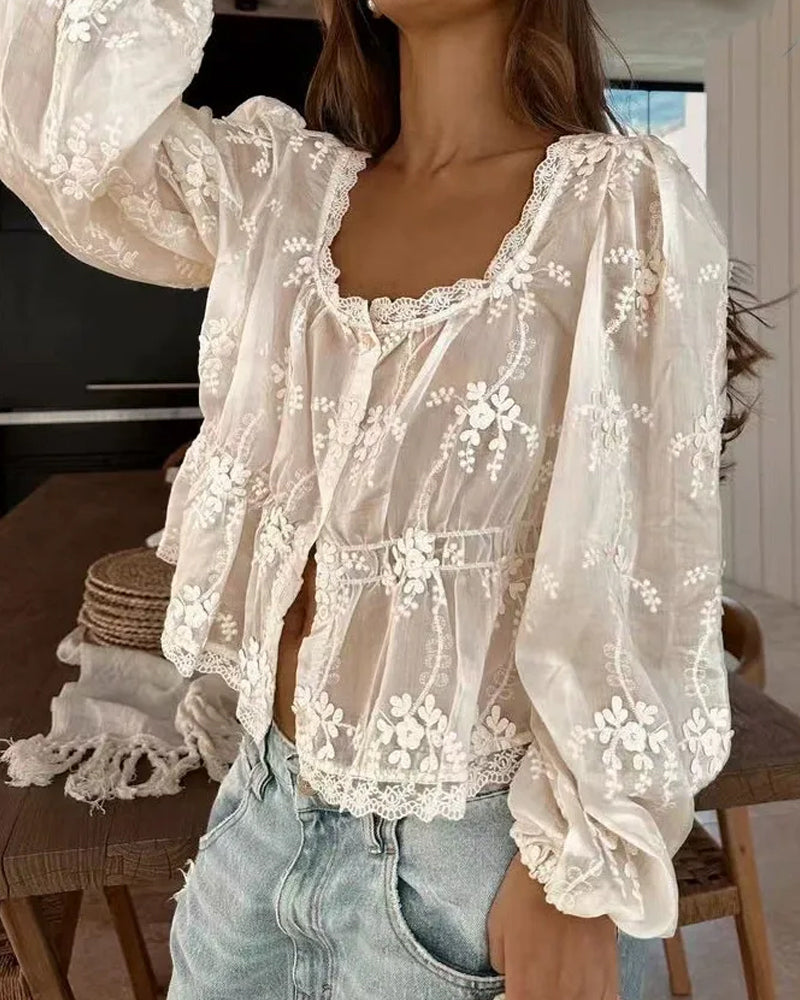 Bluse U-Ausschnitt Locker Bestickt Langarm