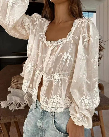 Bluse U-Ausschnitt Locker Bestickt Langarm