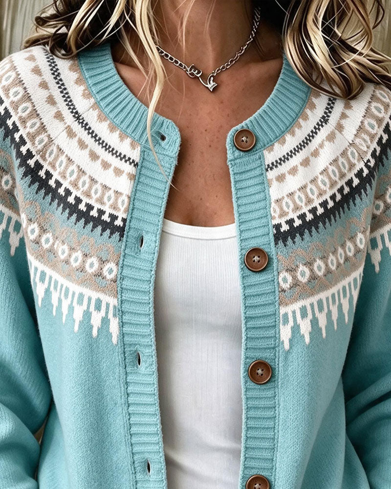 Bedruckte Strickjacke Mit Langen Ärmeln Und Knopfleiste