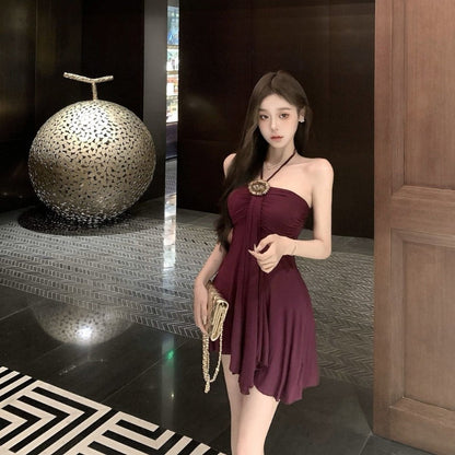 Wine Red Halter Mini Dress for Women - Isabella