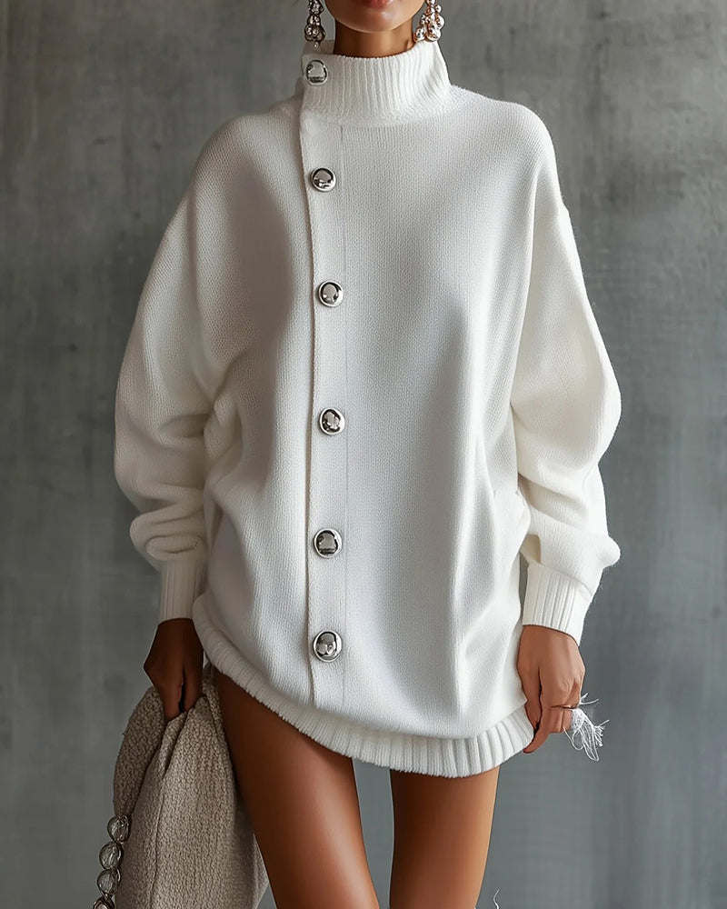 Sweaterkleid Knopf Einfarbig Langarm