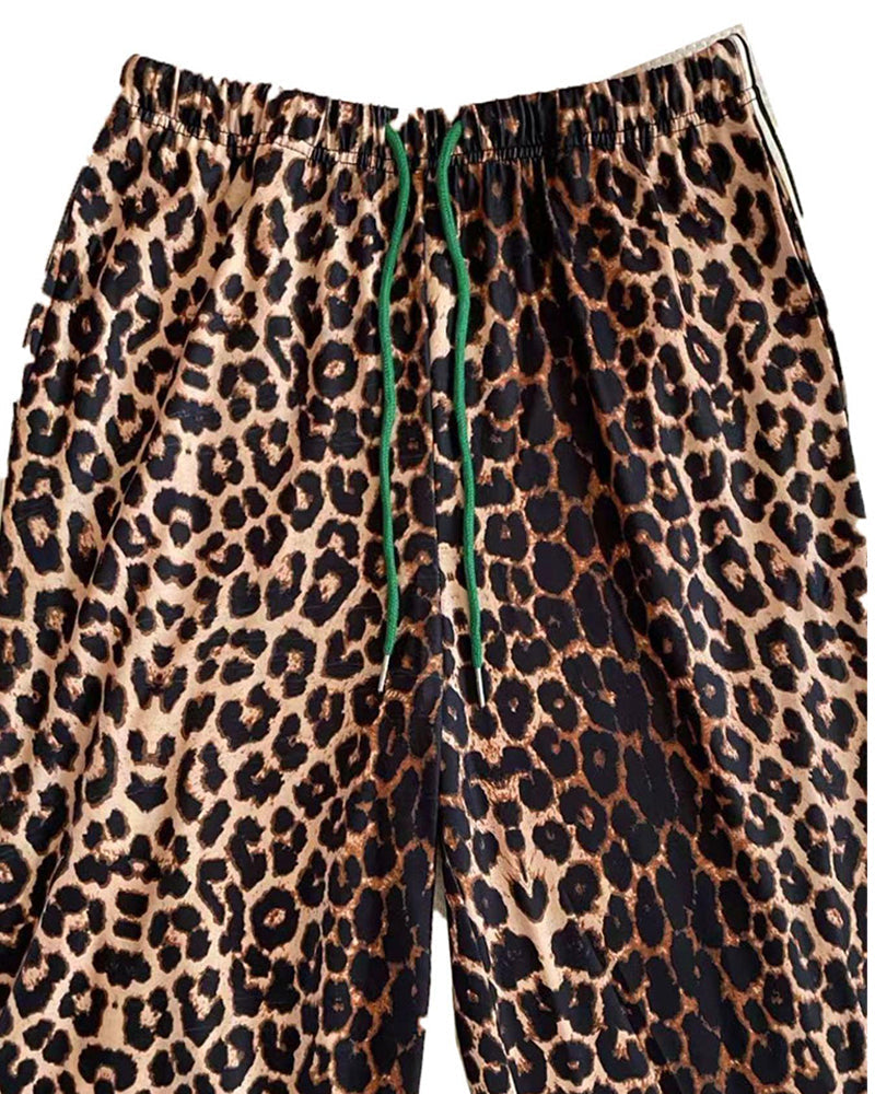 Hose Colorblock Leopardenmuster Kordelzug gerade geschnitten
