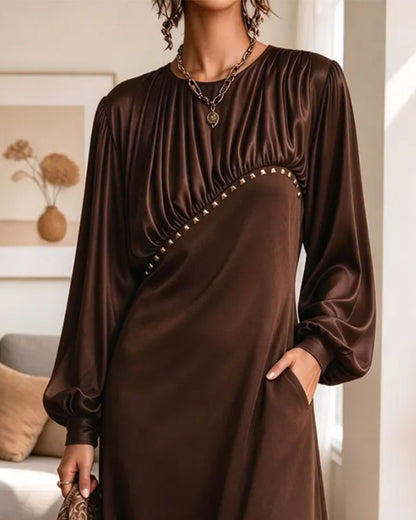 Kleid Rundhals Plissiert Puffärmel Tasche