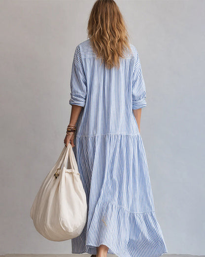 Kleid Casual Revers Gestreift Lang