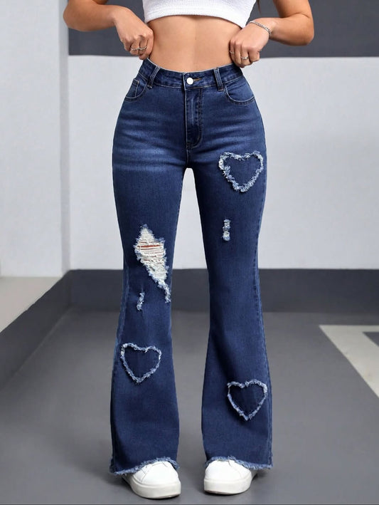 Blue Hearts 💙 Vintage-Jeans mit hohem Bund, Herz-Patchwork und Rissen