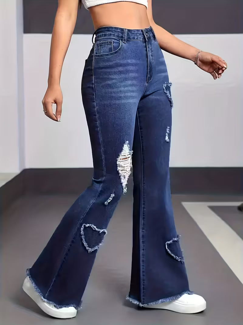 Blue Hearts 💙 Vintage-Jeans mit hohem Bund, Herz-Patchwork und Rissen