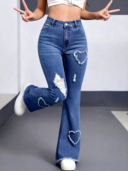 Blue Hearts 💙 Vintage-Jeans mit hohem Bund, Herz-Patchwork und Rissen