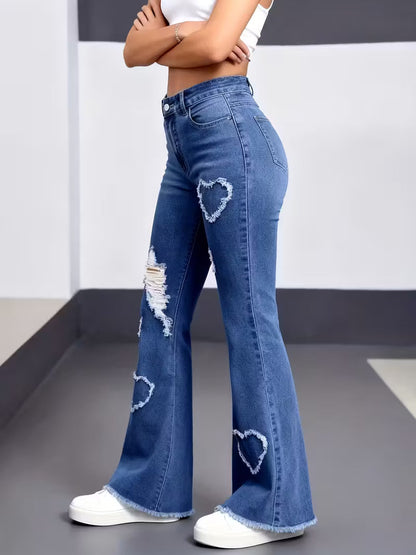 Blue Hearts 💙 Vintage-Jeans mit hohem Bund, Herz-Patchwork und Rissen