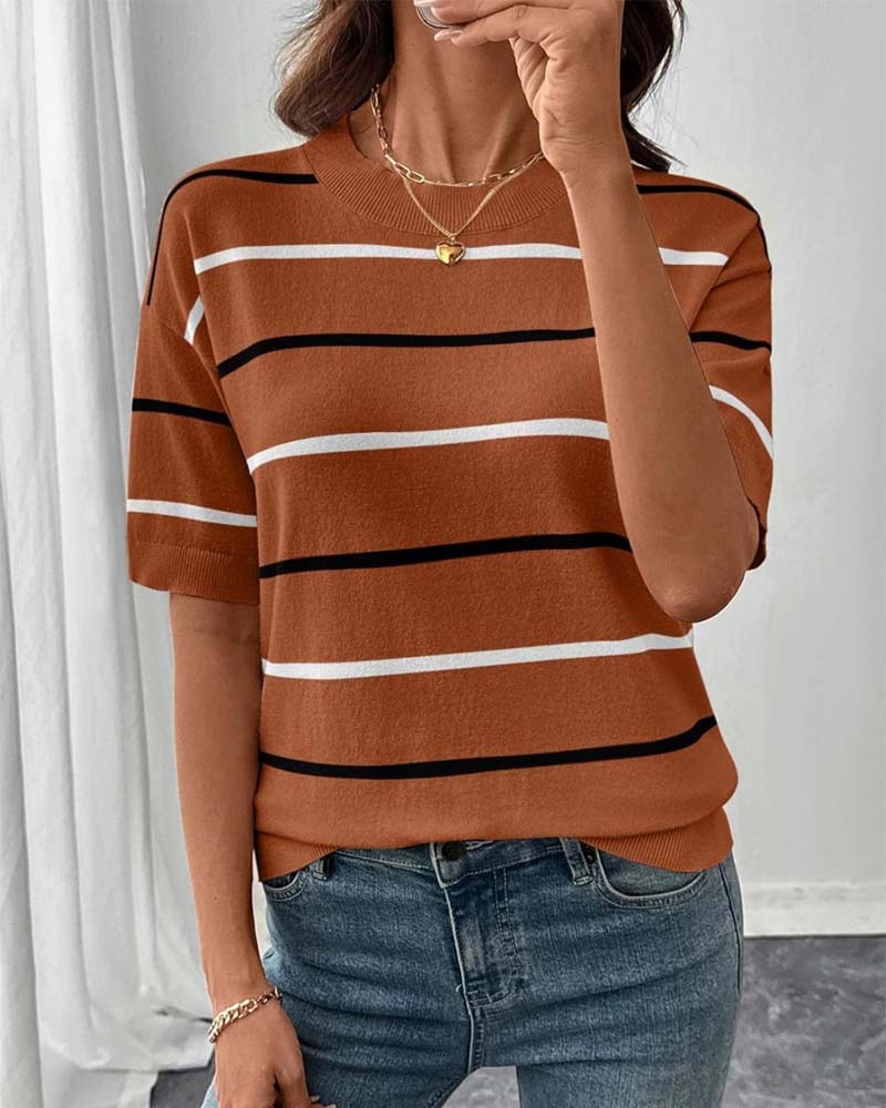 Pullover Streifen Kontrastfarbe Kurzarm Gestrickt
