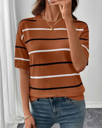 Pullover Streifen Kontrastfarbe Kurzarm Gestrickt