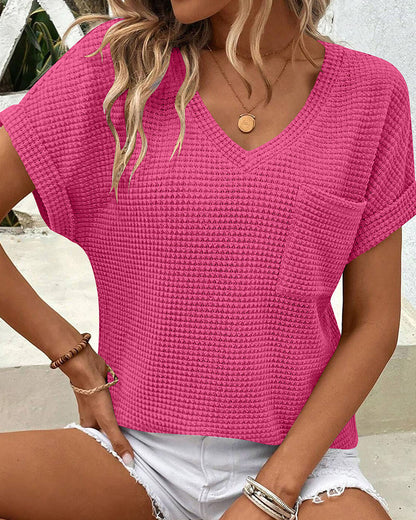 T-Shirt Damen Waffelstrick V-Ausschnitt Lässig Sommer