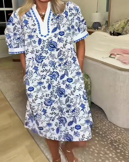 Kleid Blau Und Weiß Porzellan Druck V-Ausschnitt