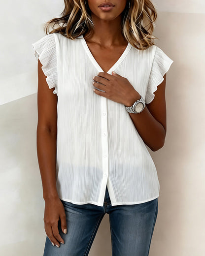 Bluse Plissiert V-Ausschnitt Knopfleiste