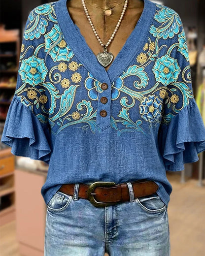 Bluse Bohemian Print V-Ausschnitt Vintage