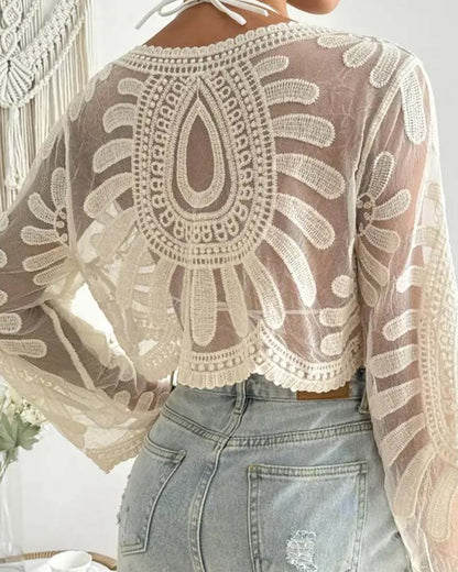 Bluse Langarm Durchsichtig Cropped Überwurf