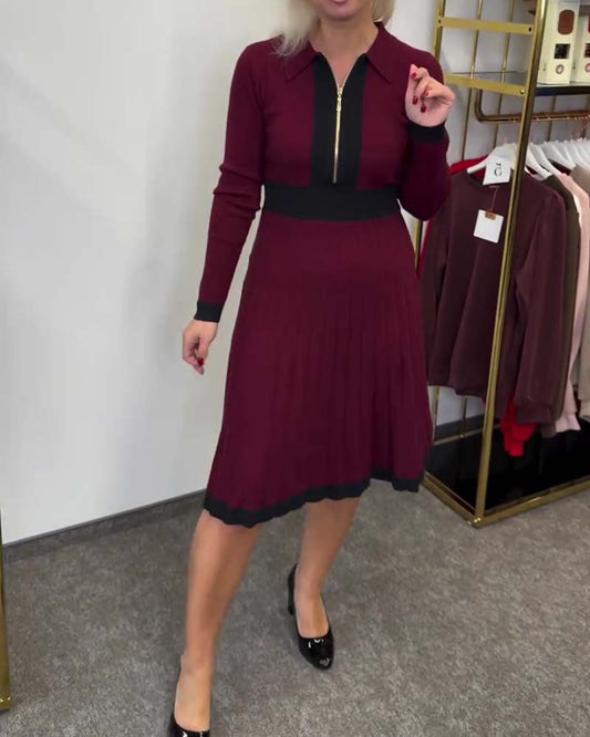 Kleid Halb-Reißverschluss Kragen Color-Block