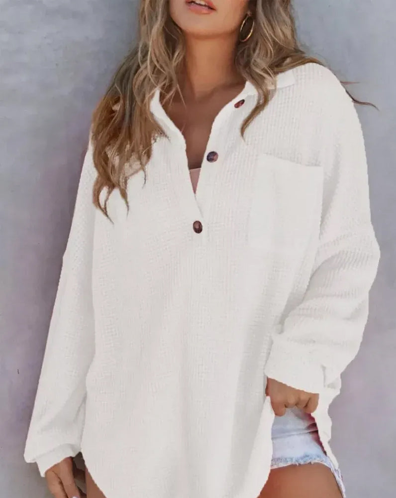 Bluse Unifarben Knopf-Leiste Locker Revers