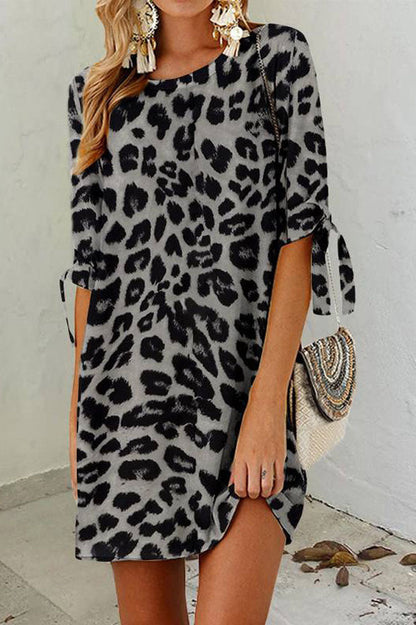 Leopard print crew neck mid-sleeve dress