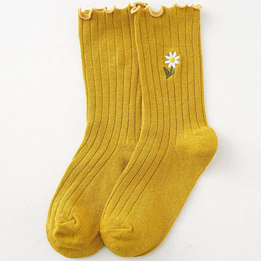 Lässige Socken Mit Blumenstickerei Gelb