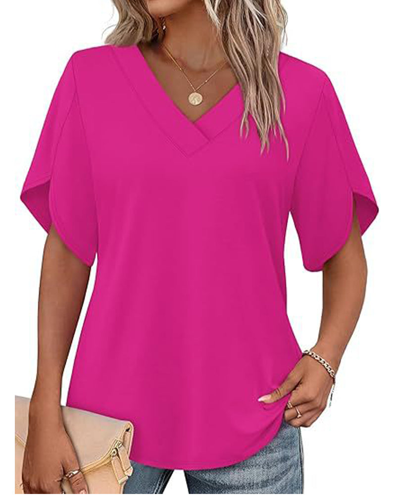 T-Shirt V-Ausschnitt Kleiner Schlitz Kurzarm Einfarbig