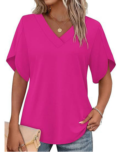 T-Shirt V-Ausschnitt Kleiner Schlitz Kurzarm Einfarbig