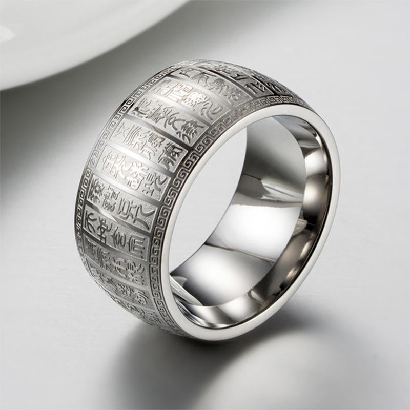 Buddhistischer goldener Licht-Mantra-Titan-Stahlring Silber