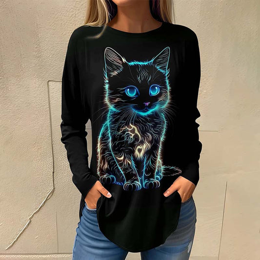 Kreatives T-Shirt Mit Katzen-Print Schwarz