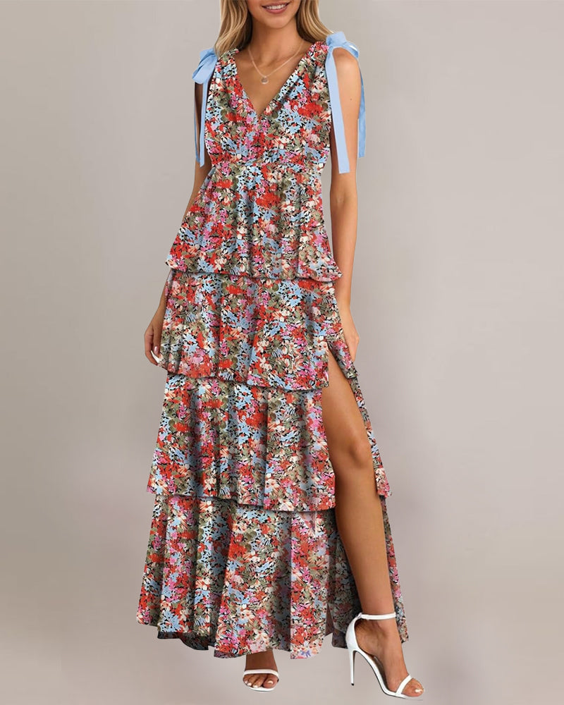 Maxi-Kleid mit V-Ausschnitt und gebundener Taille