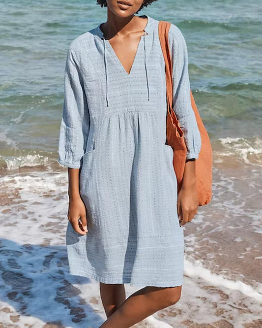 Light blue linen dress with V-neck - Marie