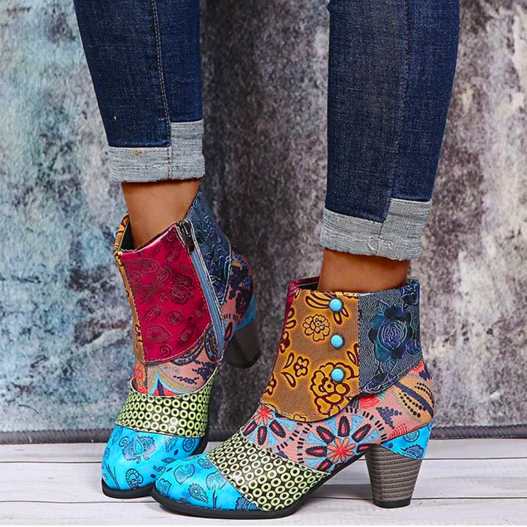 Bunte Patchwork-Stiefeletten mit Blockabsatz - Mia