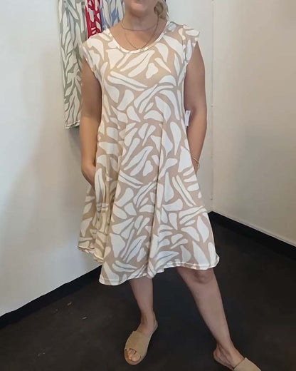 Kleid Kleine Flügelärmel Runder Hals Geometrischer Druck