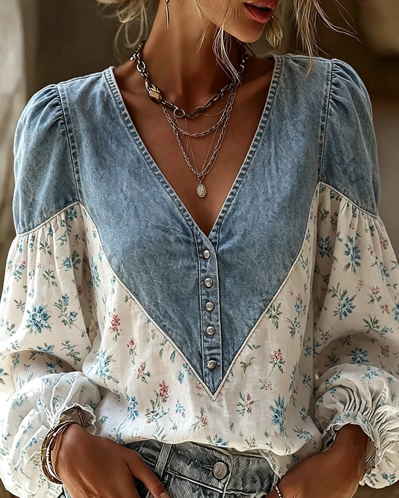 Bluse V-Ausschnitt Blumenprint Puffärmel Denim Panel