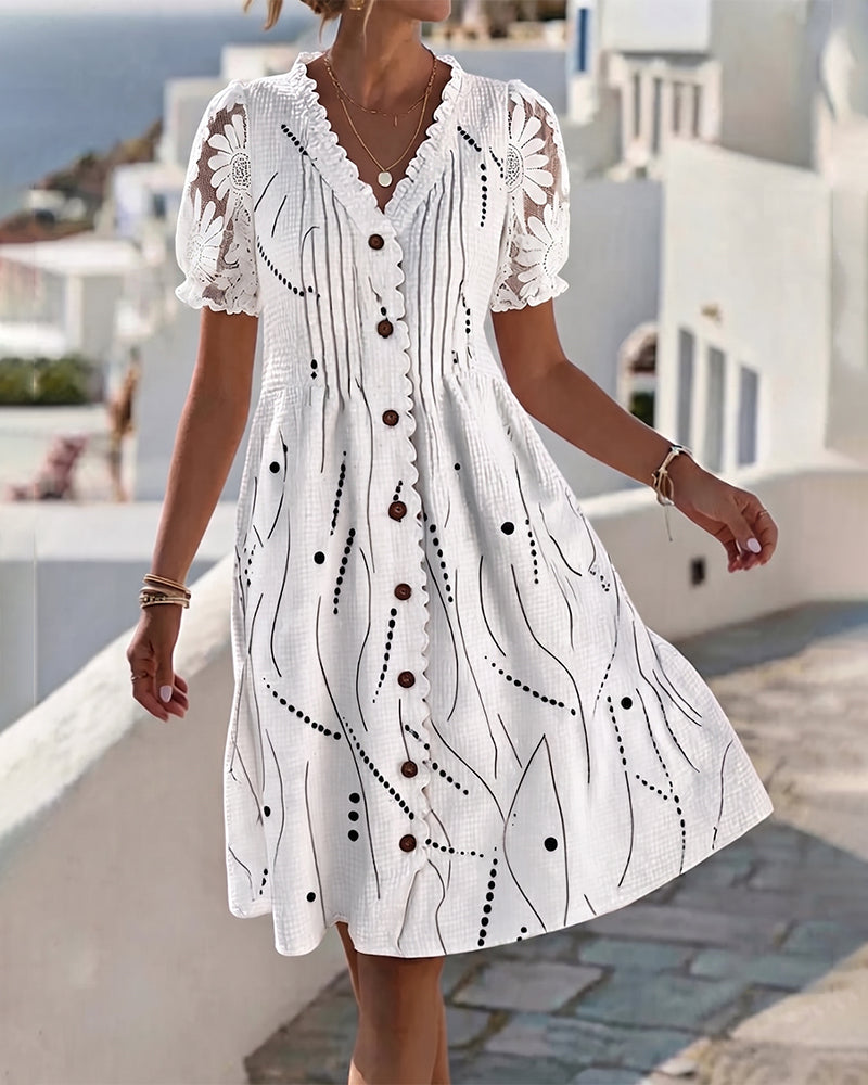 Kleid Puffärmel Spitze Patchwork Print