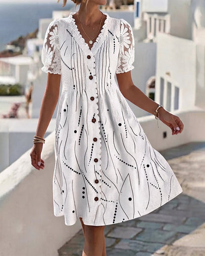 Kleid Puffärmel Spitze Patchwork Print