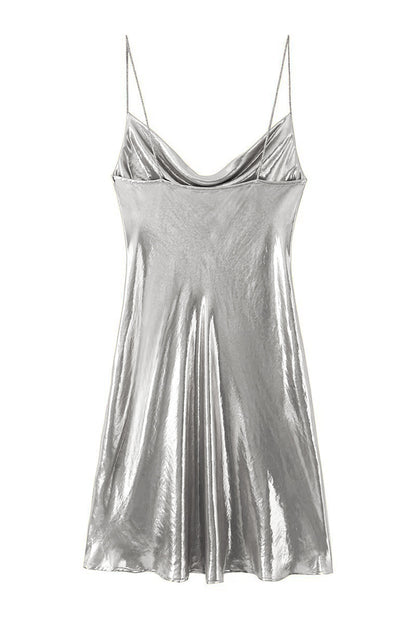 Y2K Cowl Neck Metallic Slip Minikleid