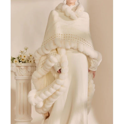 White Knit Cape with Faux Fur Trim for Women - Monica