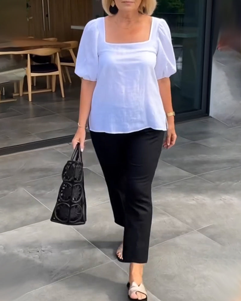 Bluse Rechteckiger Ausschnitt Casual Puffärmel