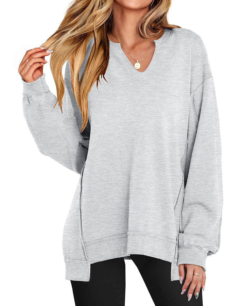 Kleiner V-Ausschnitt, Lässig Weites Langarm Sweatshirt