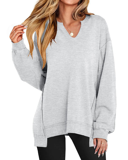 Kleiner V-Ausschnitt, Lässig Weites Langarm Sweatshirt